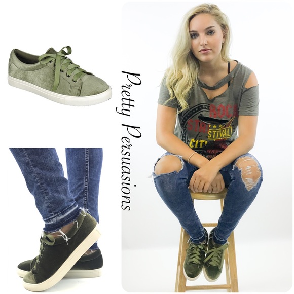 NWT Olive Green Velvet Lace Up Skater Sneakers - Picture 3 of 3